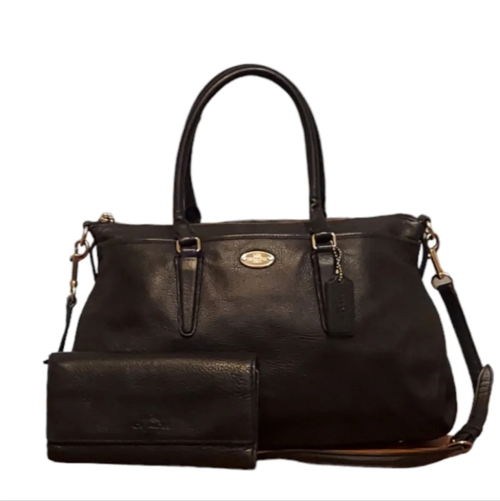 Coach Morgan Black Leather Shoulder Bag With Free Wallet